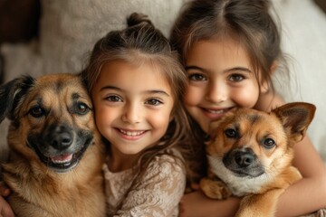 Two smiling girls hugging two brown dogs