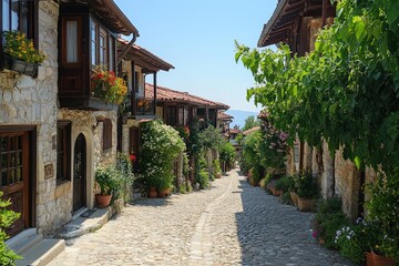 Naklejka premium Cobblestone street winding through picturesque houses adorned with vibrant flowers in sirince, turkey