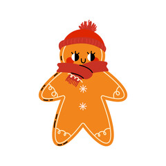 Cute vector illustration of a funny Christmas gingerbread in Groovy style. Flat vector illustration isolated on white background. Holly jolly vibes in trendy  cartoon style. Hand drawn