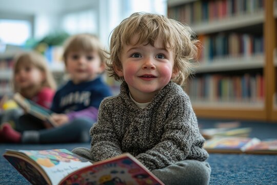 Smiling toddler reading a book at the library with other children - Powered by Adobe
