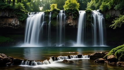 Obraz premium Serene waterfall cascading over mossy rocks into a tranquil pool.