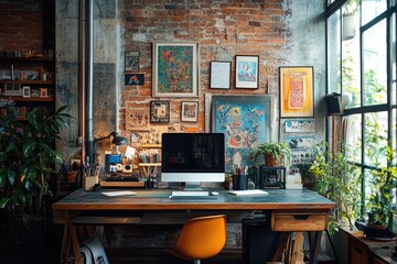 Cozy home office setup in loft style with brick wall and plants