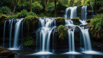 Obraz premium Serene multi-tiered waterfall cascading over mossy rocks in lush green forest.