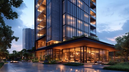 Modern high-rise building with glass facade and landscaped surroundings.