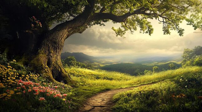 Enormous glowing tree standing in open green grassland under colorful sky in fantasy landscape
Seamless looping 4k time-lapse virtual video animation Generated AI