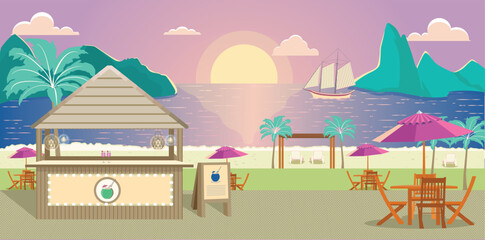 Naklejka premium Parallax background of a beach at dusk for 2D animation, this parallax features elements such as food stall, tables, boats and mountains.