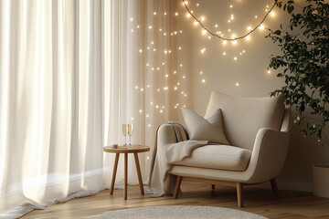 An elegant, minimalist reading nook with a flat-colored armchair in soft tones, a small side table , and a subtle New Year's decoration .a single string of lights draped above