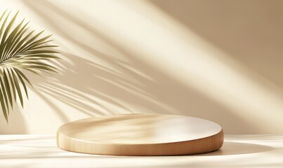 wooden podium display with leaf shadow. Copy the space of the beige background. Cosmetics or cosmetic product promotion layout. Nat