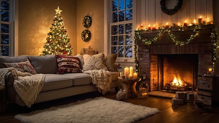 Obraz premium A Christmas tale by the fireplace: coziness, the warmth of the fire, a decorated tree, gifts, and festive decor fill the home with joy and holiday spirit.