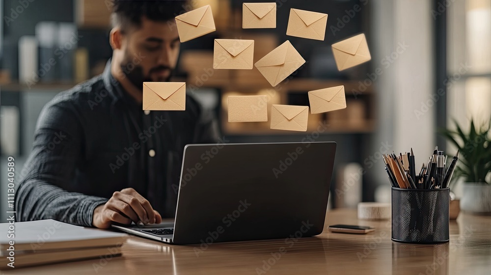 Poster hands are typing rapidly on a laptop while email icons and flying envelopes illustrate fast online c