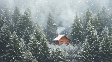 Naklejka premium Snowy Cabin Nestled Among Winter Evergreen Trees
