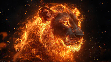 Naklejka premium fire, lion, fierce, majestic, wild, powerful, predator, king, jungle, mane, roar, strength, courage, pride, hunter, beast, savannah, claws, fangs, golden, regal, alpha, dominant, fearless, protector, 