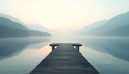 An empty wooden pier stretching out over a calm lake