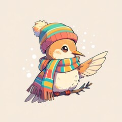 Adorable Winter Bird in Knitted Hat and Scarf