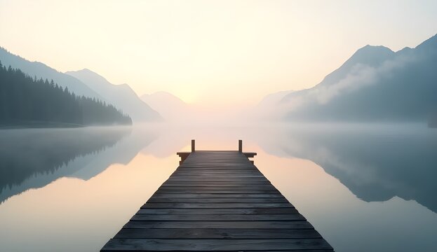 An empty wooden pier stretching out over a calm lake