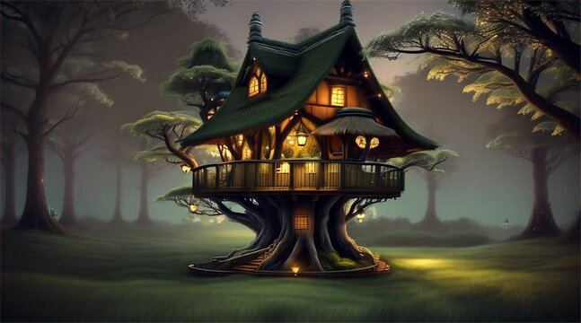 Enchanted forest treehouse in a shimmering moonlit clearing, surrounded by twinkling fireflies