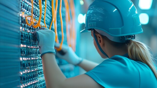 Technician with safety helmet, inspecting home wiring system, modern indoor site--style raw