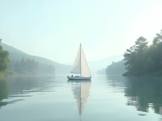 Obraz premium Minimalist view of a white sailboat gliding across a tranquil lake