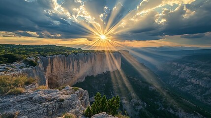 Majestic Sunset Over Canyon Cliff Dramatic Sun Rays