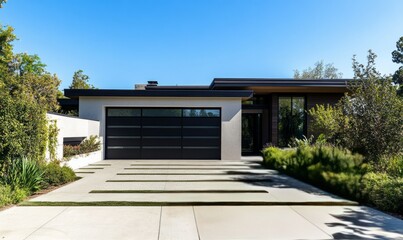 Fototapeta premium A modern, minimalist house with a black garage door, surrounded by greenery and a neatly paved driveway under a clear blue sky.