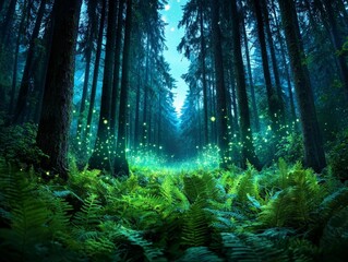 Obraz premium Enchanting Hidden Forest Grove at Twilight with Delicate Glowing Fireflies Illuminating the Lush Greenery and Ferns in a Mystical Atmosphere