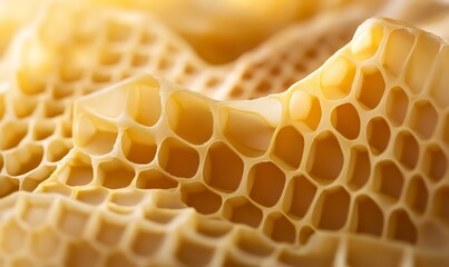 A detailed image shows the fine honeycomb pattern of a beeswax wrap giving a sense of depth and dimension to the material and making it a visually appealing option for food storage