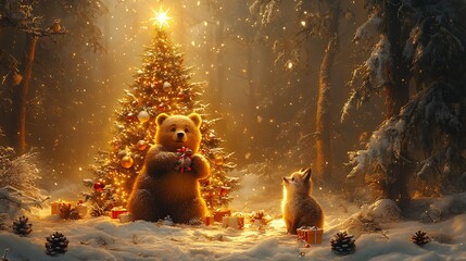 Christmas tree decoration by foxes in enchanted winter forest