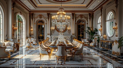 Obraz premium Grand dining room with large table, ornate chairs, chandelier, and marble floor.