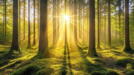 Obraz premium A sunlit forest scene with rays of light filtering through trees, creating a serene atmosphere.