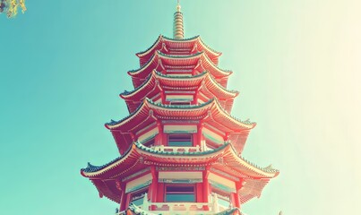 A beautiful multi-tiered pagoda with intricate details and vibrant colors, set against a bright blue sky, exemplifying traditional Asian architecture.