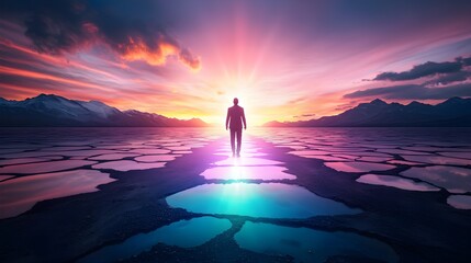 Fototapeta premium Broken road with potholes and barriers, a figure walking toward a colorful horizon bathed in rainbow light, representing perseverance and hope