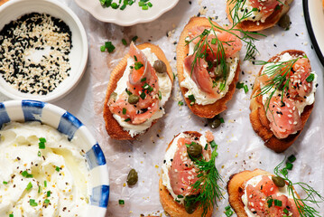 Baguette Crostini with Cream Cheese and Pink Pacific Salmon..style hugge
