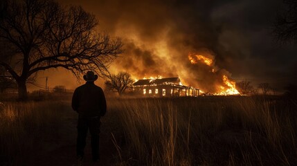A silhouetted figure watches a house engulfed in flames against a dark, smoky sky.