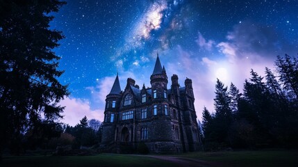 Obraz premium Stunning Silhouette of a Historic Castle Outlined Against a Starry Night Sky with Majestic Clouds and the Milky Way in the Background