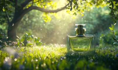 A luxurious perfume bottle in a lush green garden with dew on the grass and morning light filtering through trees.