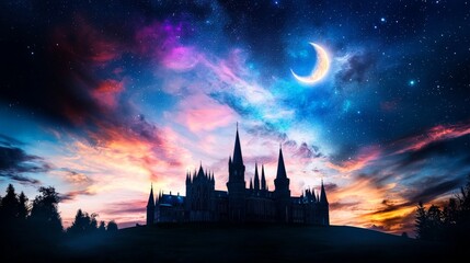 Naklejka premium Silhouette of a Historic Castle Outlined Against a Colorful Sunset Sky with Stars and a Crescent Moon Illuminating the Night