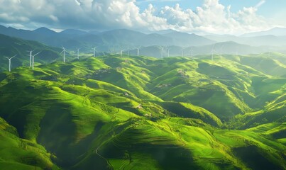 A breathtaking aerial view of lush, terraced hills and green valleys with wind turbines in the background, showcasing the beauty of nature and sustainable energy.