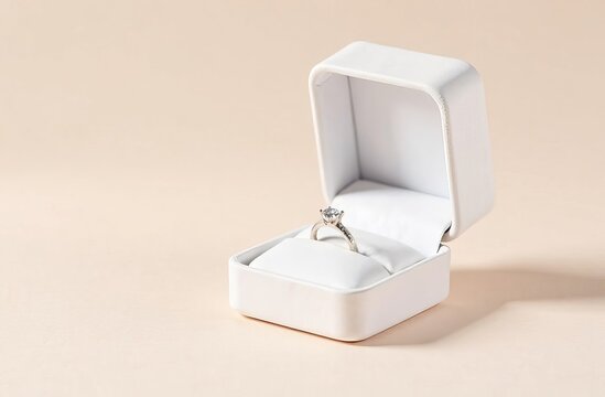 Minimalist white engagement ring box with diamond ring, pastel background 