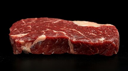 A raw piece of marbled beef steak on a black background, showcasing its texture and color.