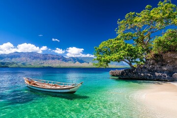 Serene Tropical Island Bay with Traditional Wooden Boat Resting on White Sand Beach Under Clear Blue Sky and Lush Greenery