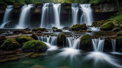 Fototapeta premium Cascading waterfall flowing over mossy rocks in a lush forest.