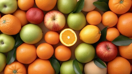 Colorful fruits including oranges, apples, and lemons are neatly arranged in display boxes at a lively market, highlighting the freshness of produce
