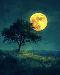 Naklejka premium Solitary Tree Underneath a Giant Yellow Moon at Night: A Serene Night Landscape Painting