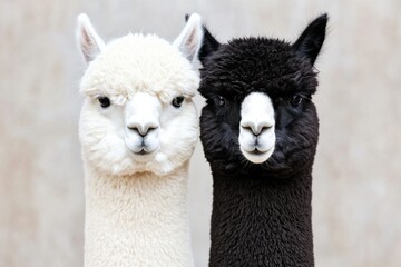 Obraz premium White and black alpacas resting in a harmonious yin-yang formation on a soothing gray backdrop