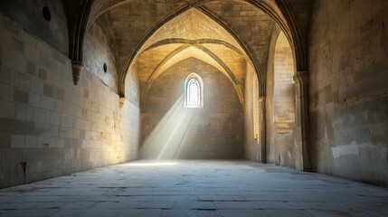 Obraz premium Medieval chapel interior with sunlight streaming through arched windows, symbolizing spirituality, history, and architectural beauty, Generative AI