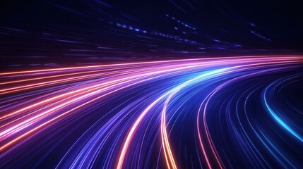 Abstract tech illustration shows fast moving light trails in curves. Bright glowing lines blend in vibrant colors like pink blue, purple. Dynamic tech concept for futuristic background design.