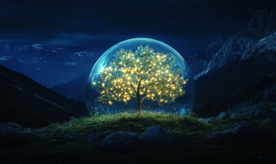 Curtains A tree illuminated with glowing lights is enclosed in a glass dome, set against a dark mountainous landscape.