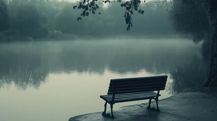 Obraz premium A tranquil lakeside scene featuring a solitary bench overlooking a misty water surface.