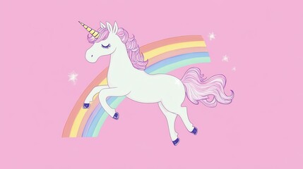 Cute unicorn illustration with a rainbow behind it.