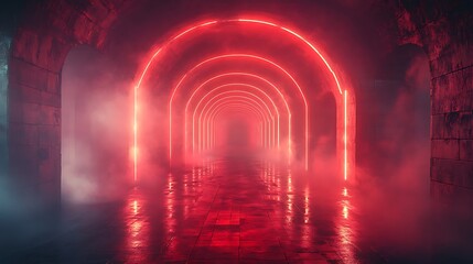 Futuristic hallway with glowing red neon lights